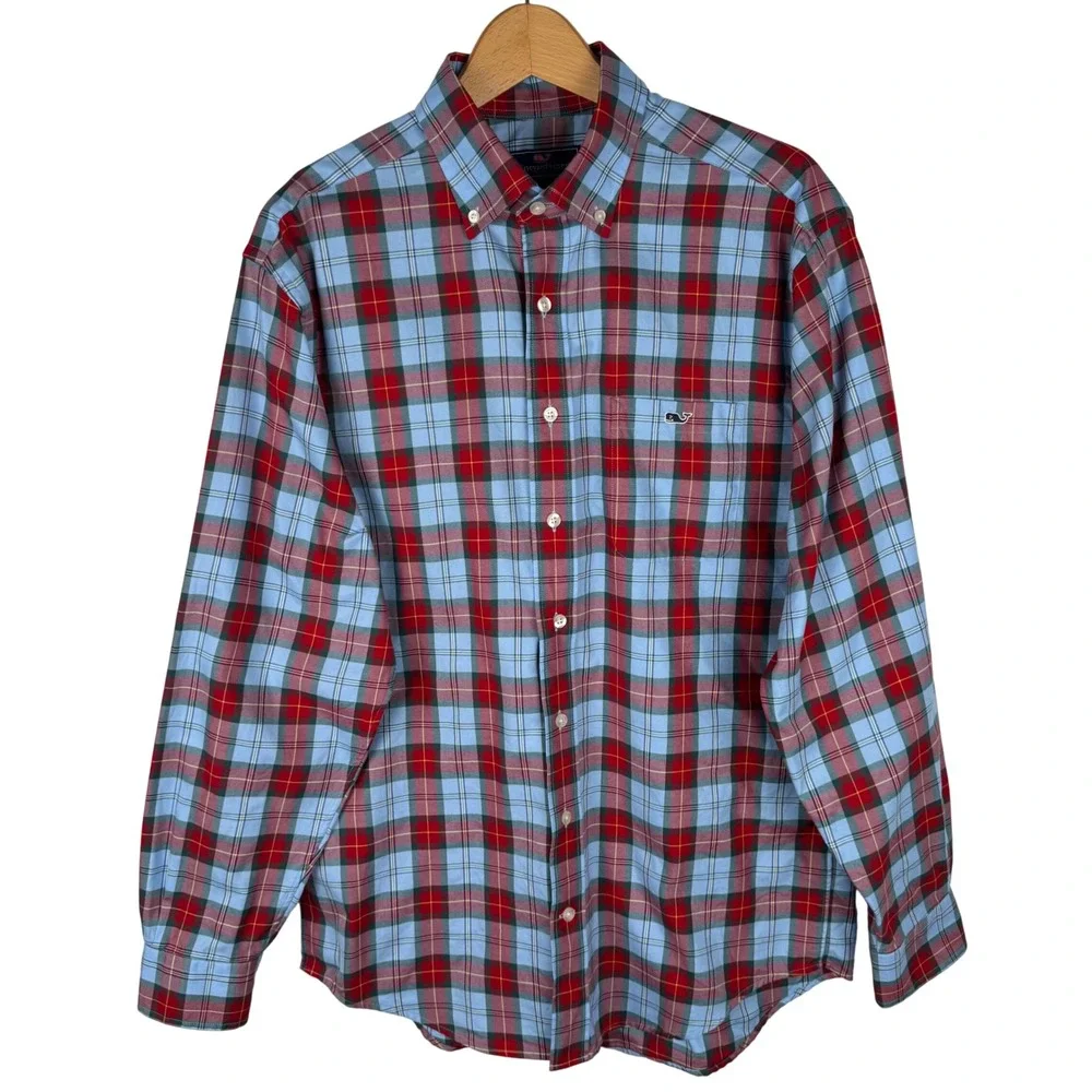 Vineyard Vines Classic Fit Tucker Shirt Mens Medium Blue Red Plaid Cotton
